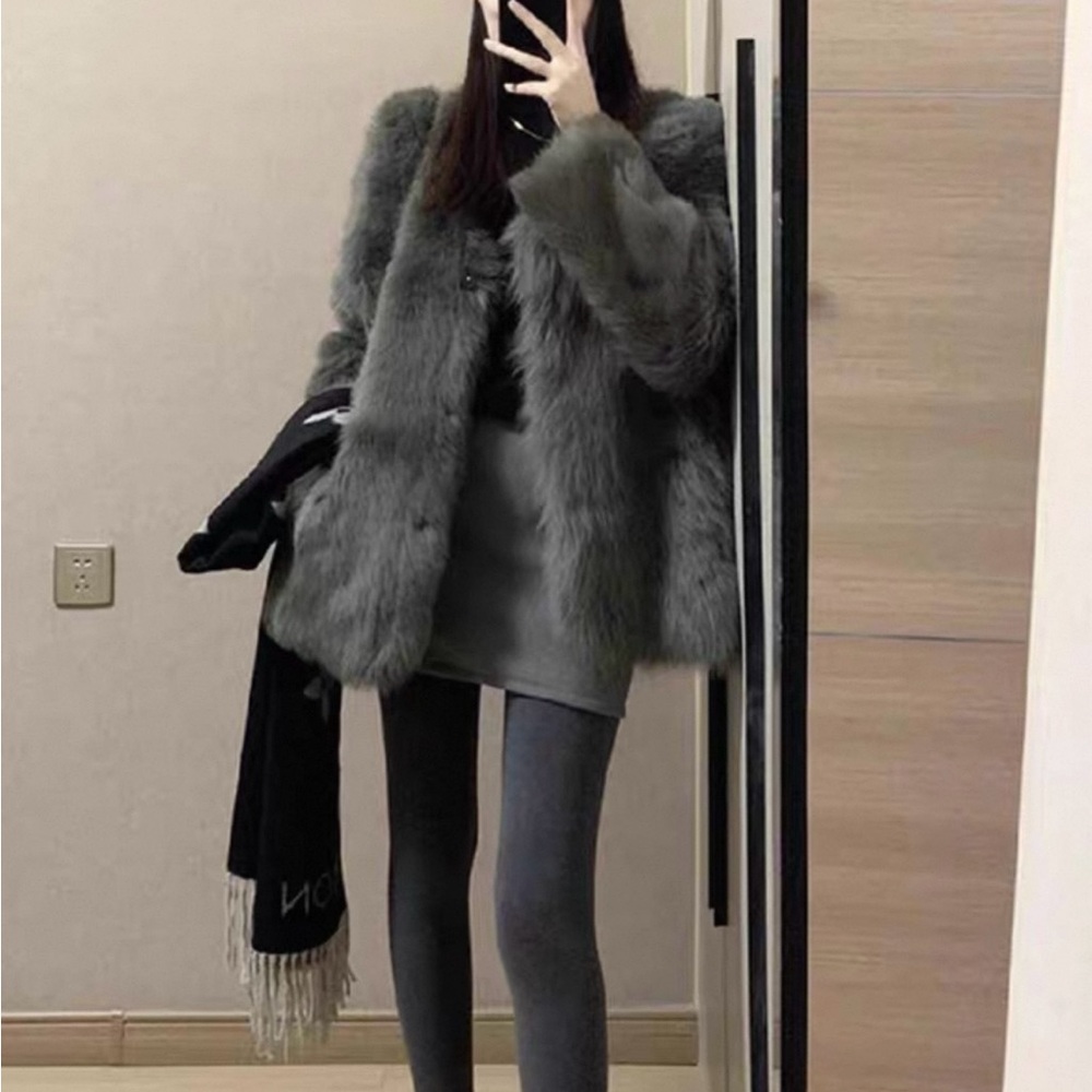 Gray color Fuffy elegant cozy warm fashion Faux Fur coat